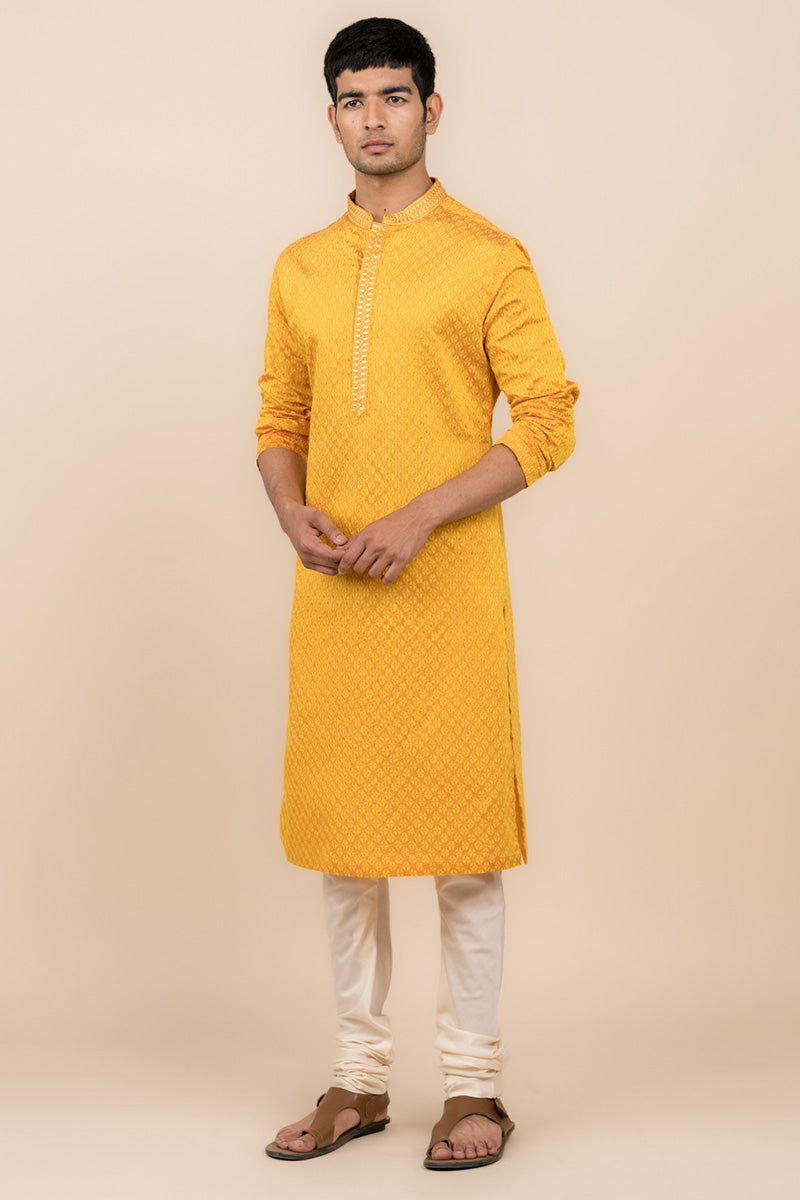 Yellow Ochre All Over Jacquard Kurta Set