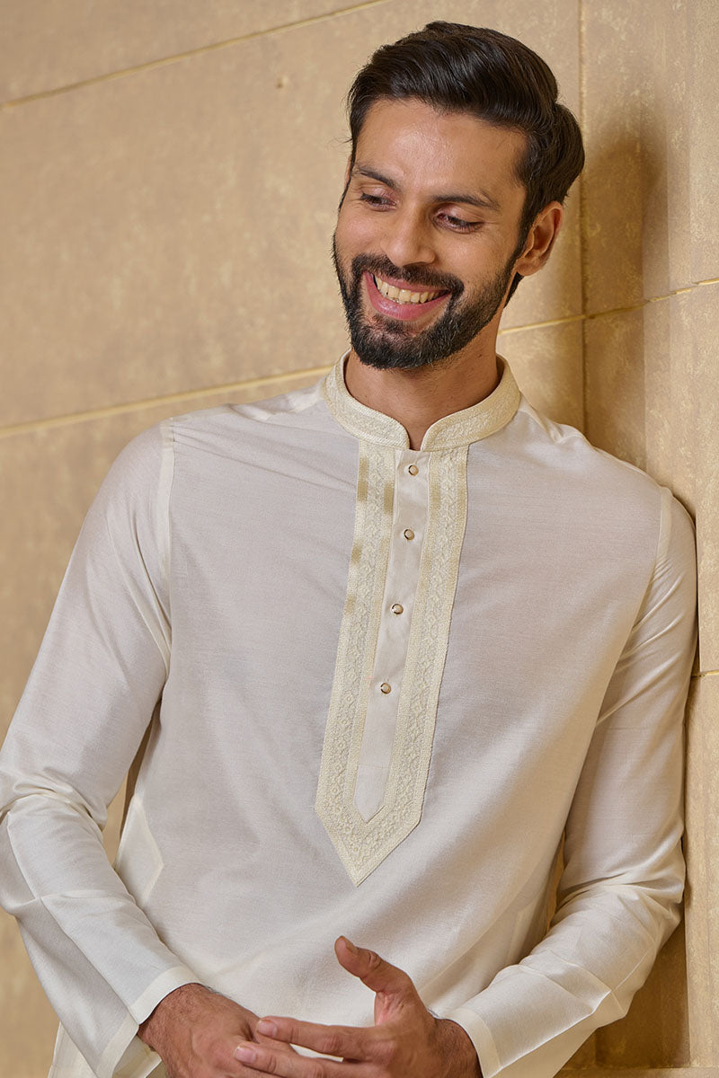 Ivory Kurta Set With Embroidered Placket