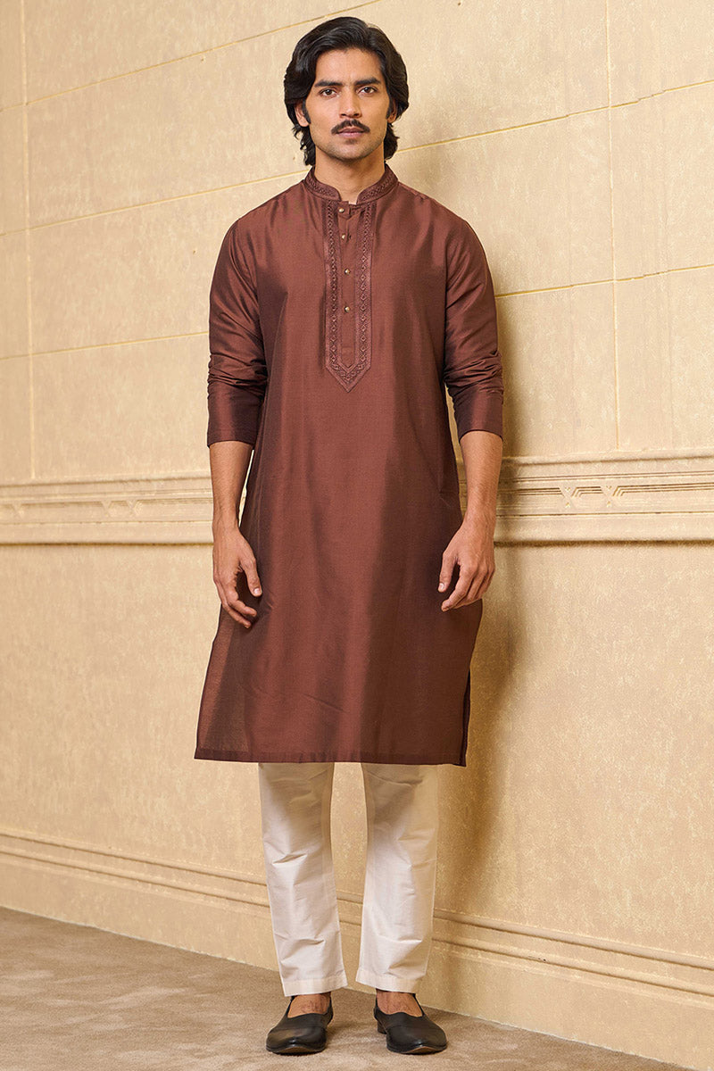 Brown Kurta Set With Embroidered Placket