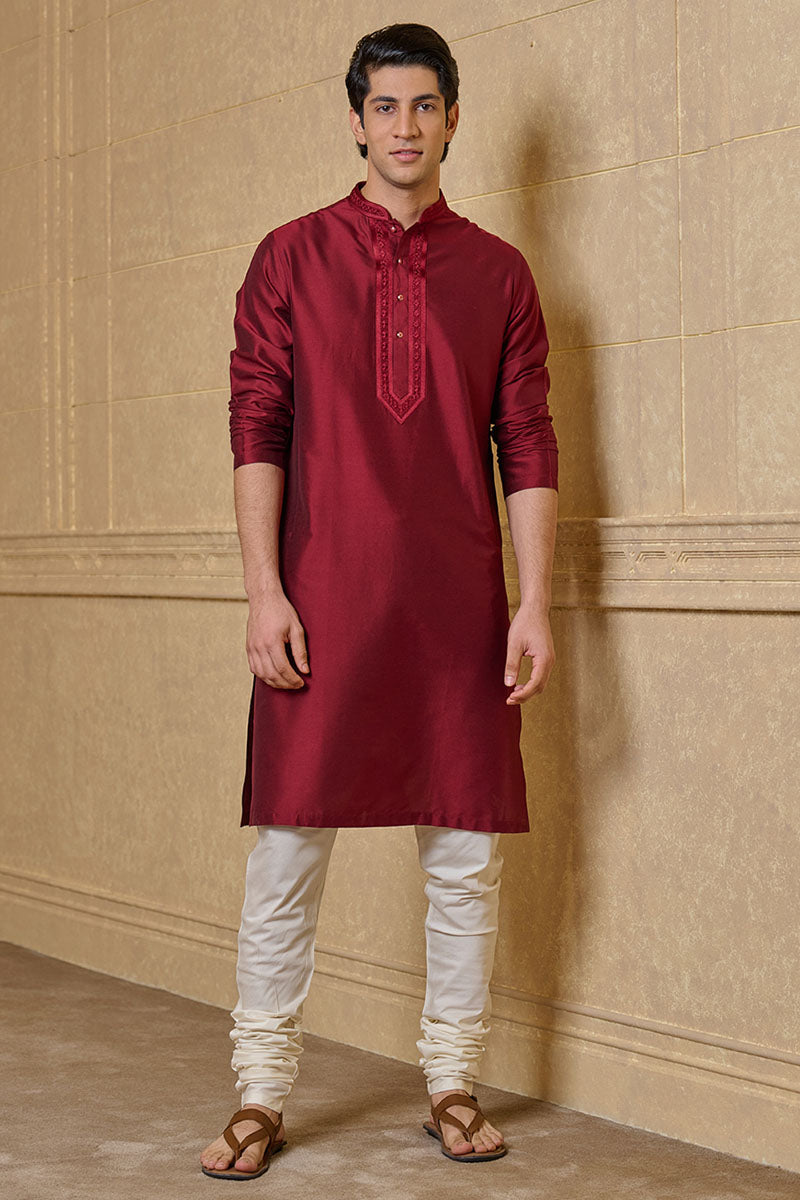 Wine Kurta Set With Embroidered Placket