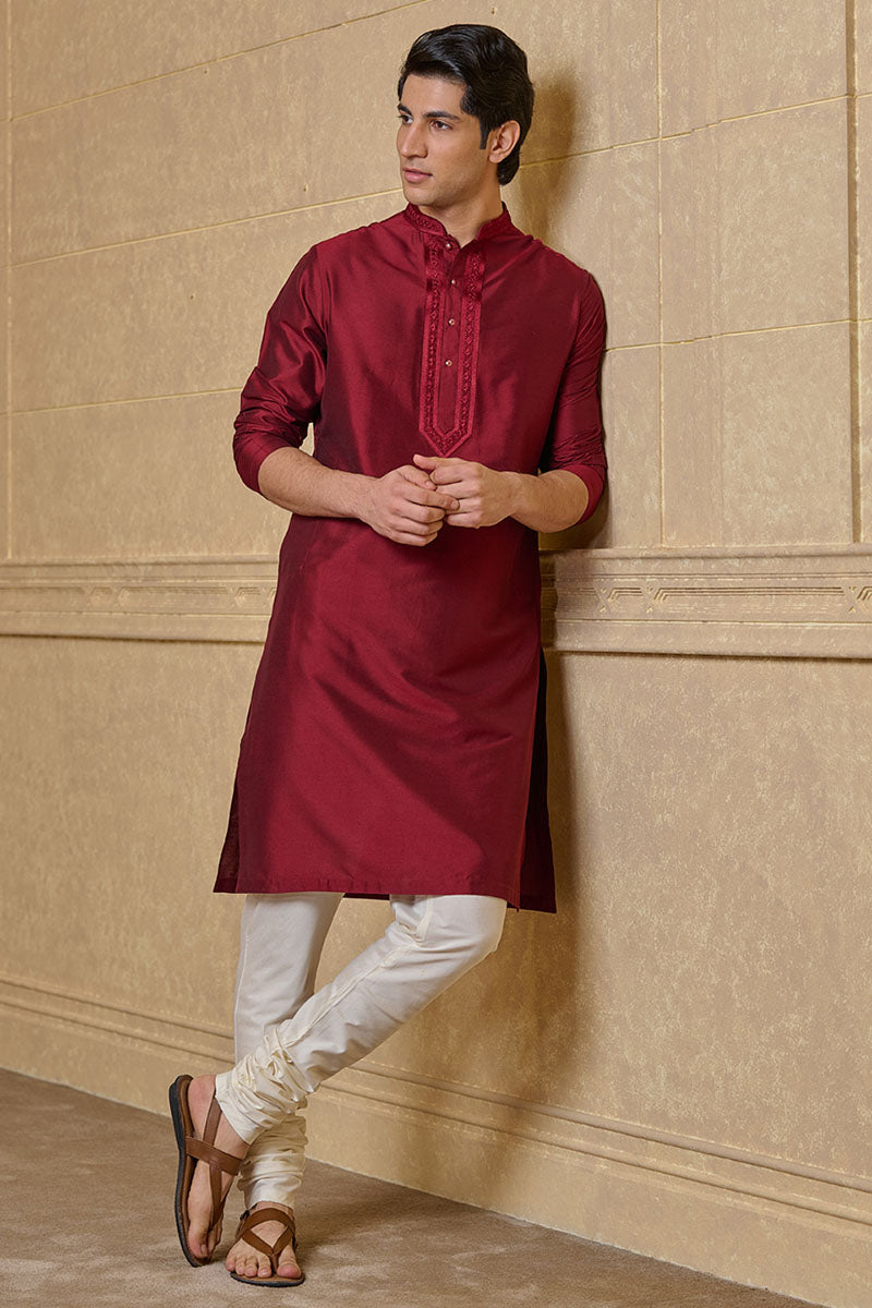 Wine Kurta Set With Embroidered Placket