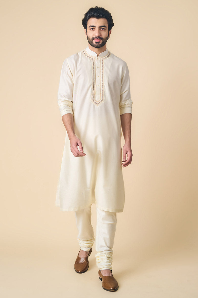 Ivory Kurta Set With Embroidered Placket