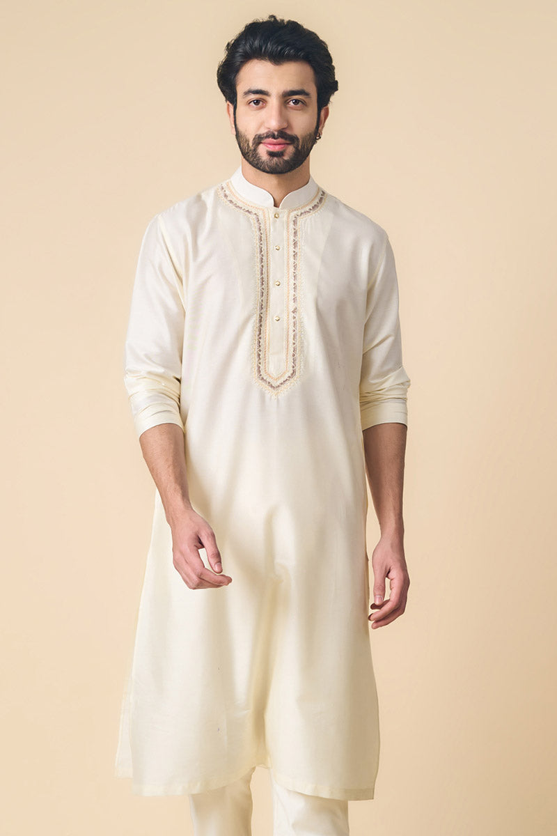 Ivory Kurta Set With Embroidered Placket