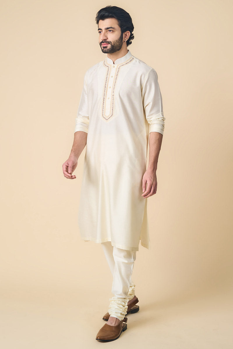 Ivory Kurta Set With Embroidered Placket