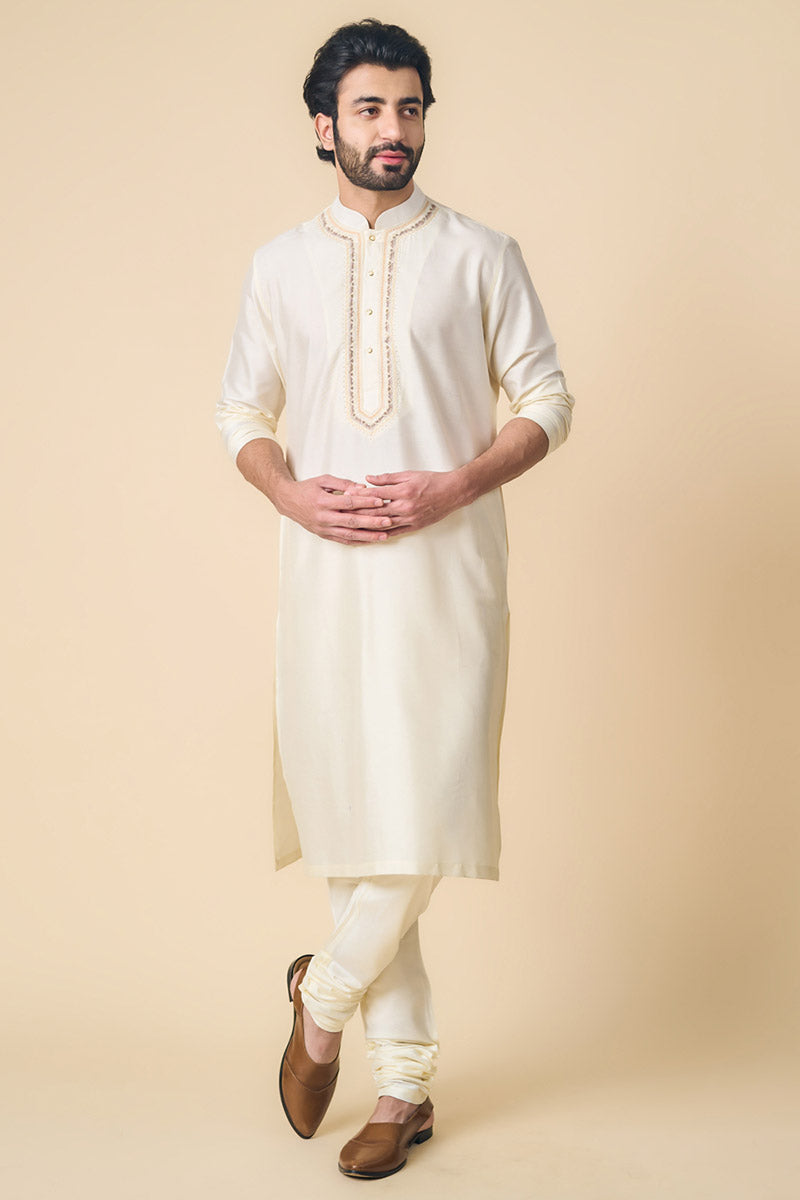 Ivory Kurta Set With Embroidered Placket