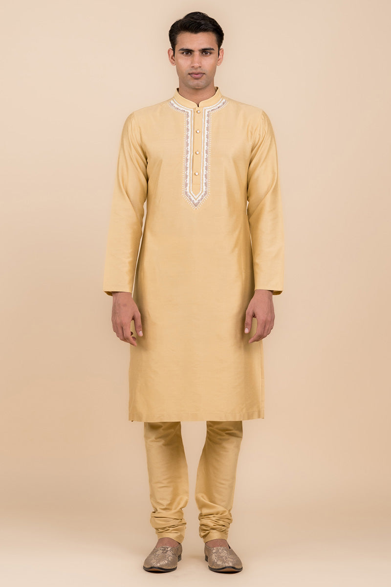 Beige Kurta Set With Embroidered Placket