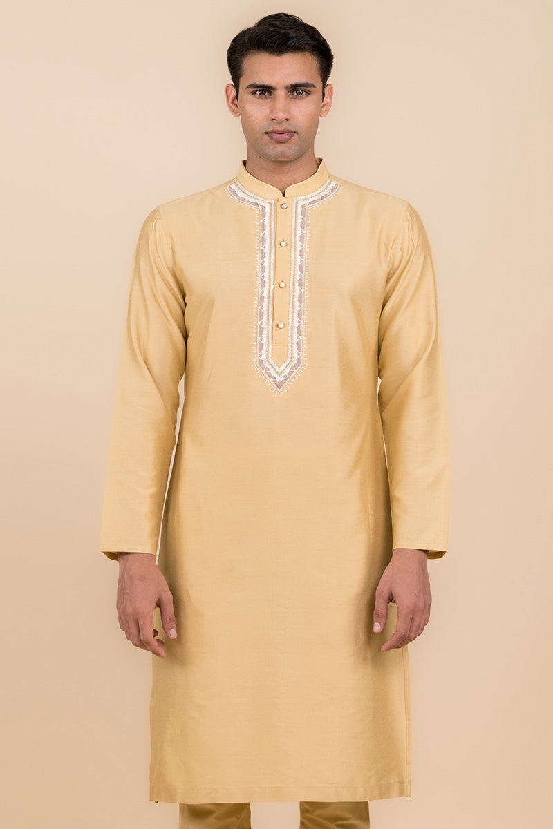 Beige Kurta Set With Embroidered Placket