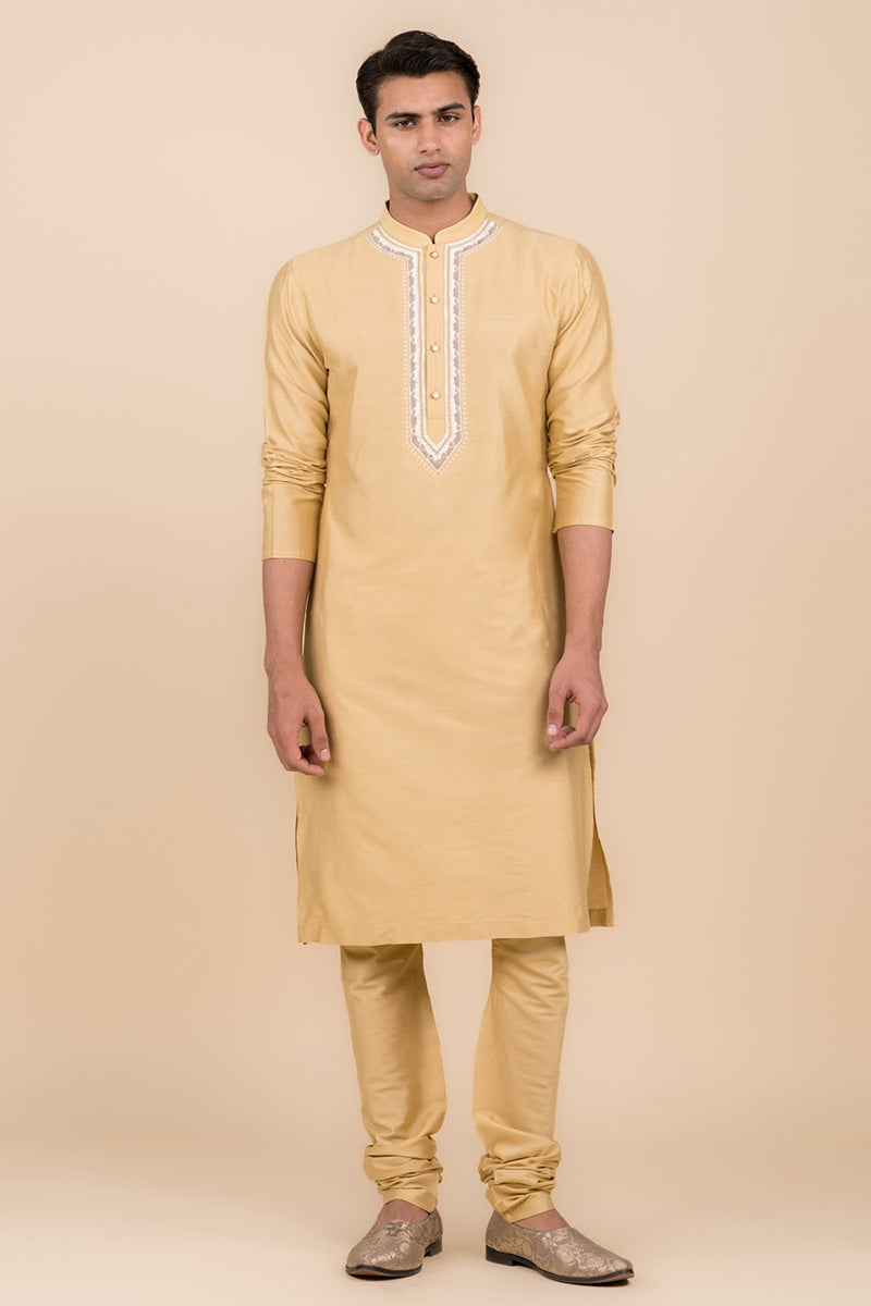 Beige Kurta Set With Embroidered Placket