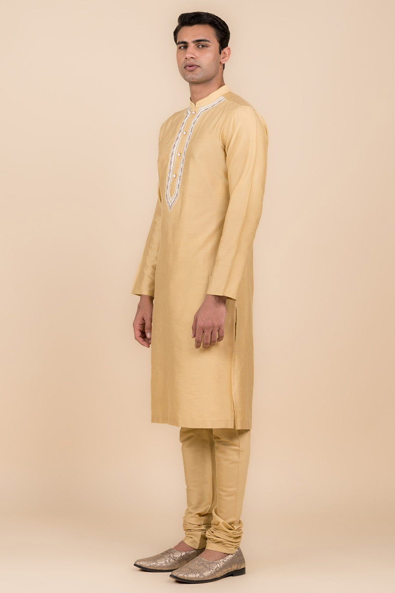 Beige Kurta Set With Embroidered Placket