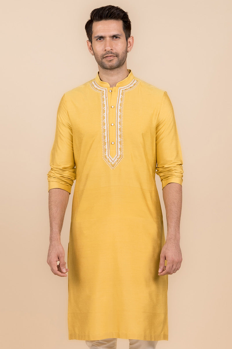 Yellow Kurta Set With Embroidered Placket