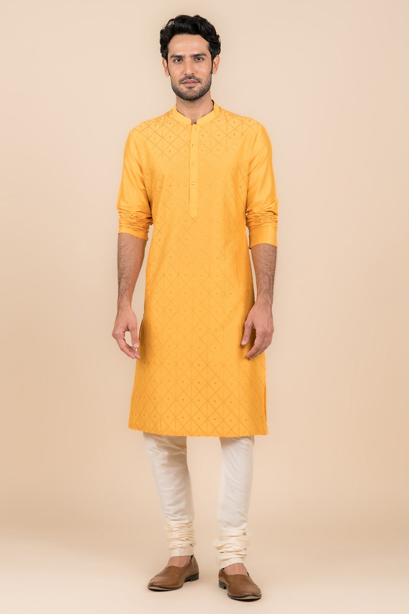 Yellow Ochre All Over Jaal Embroidered Kurta Set