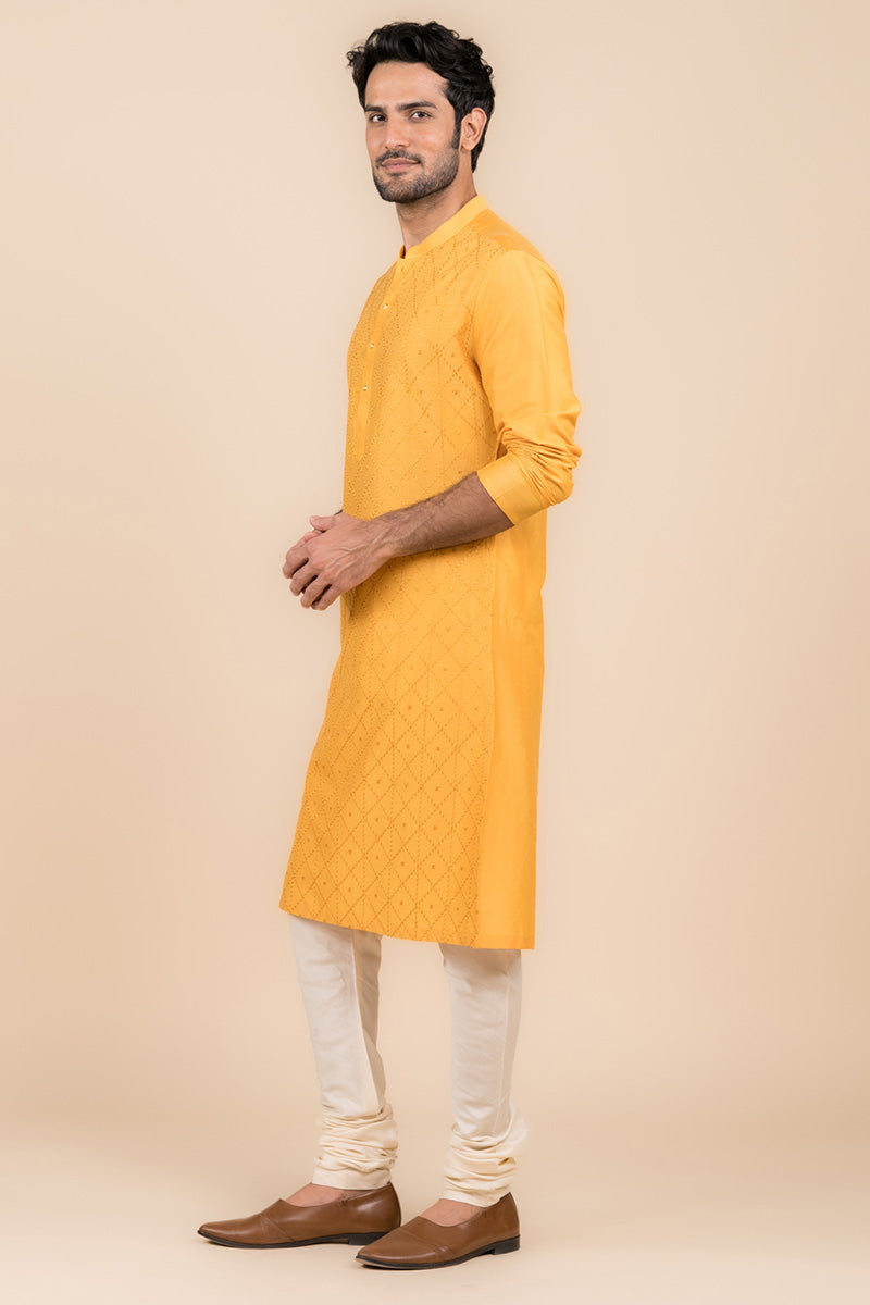 Yellow Ochre All Over Jaal Embroidered Kurta Set