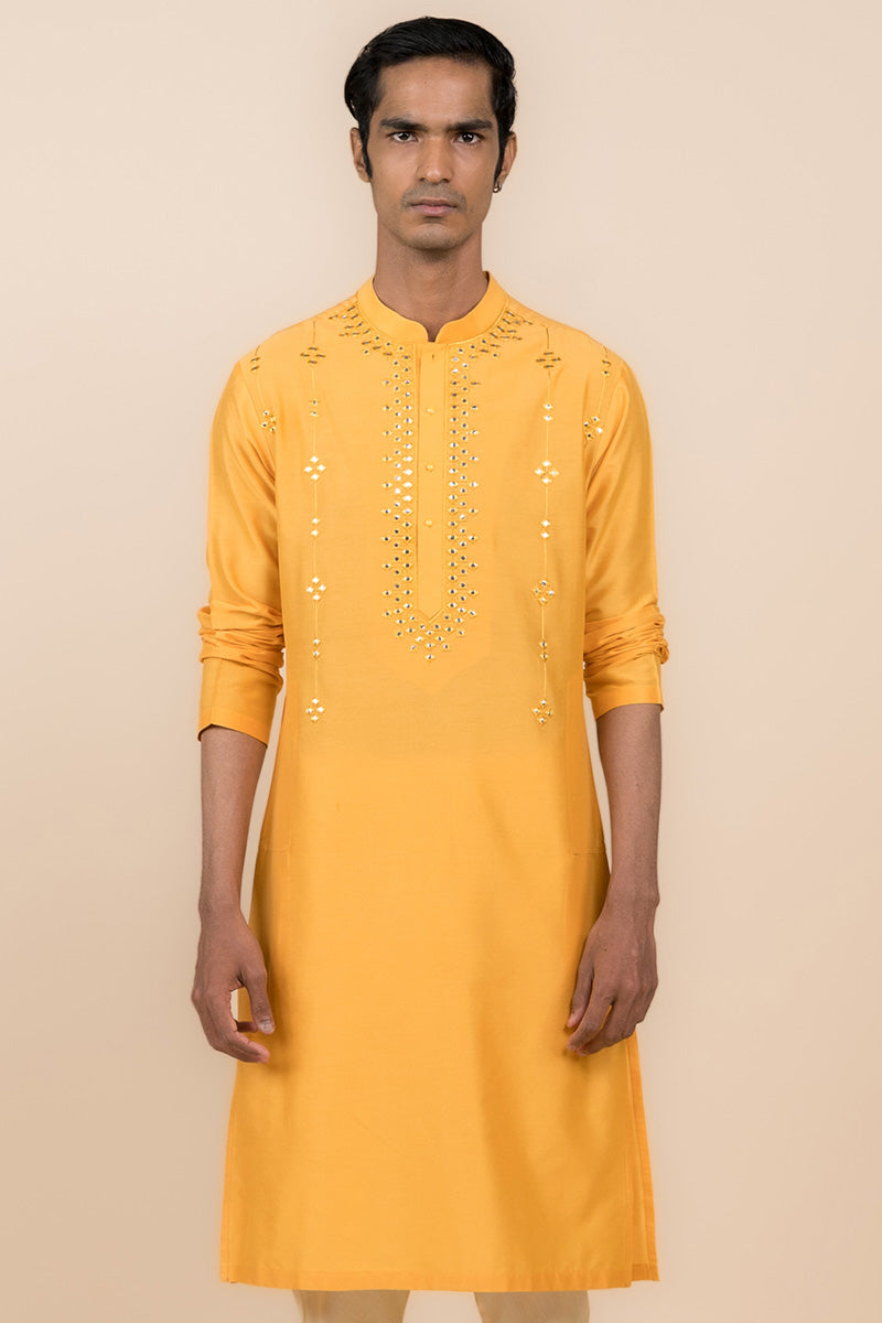 Yellow Ochre Kurta Set With Mirror Work Highlights