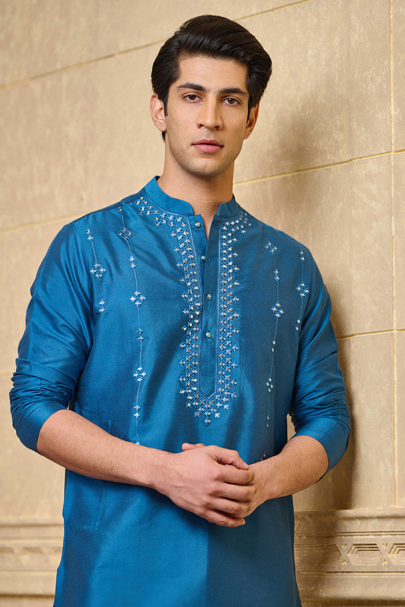 Medium Blue Kurta Set With Mirror Work Highlights