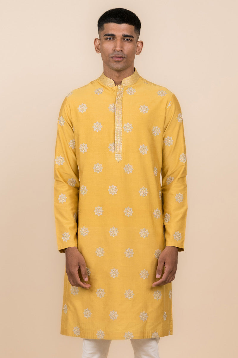 Yellow Ochre All Over Butta Embroidered Kurta Set