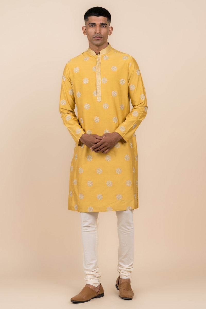 Yellow Ochre All Over Butta Embroidered Kurta Set