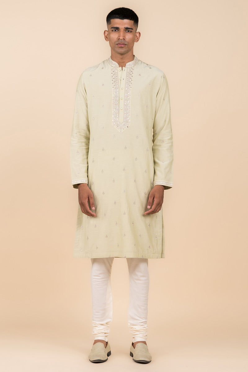 Light Green Embroidered Cotton Silk Kurta Set