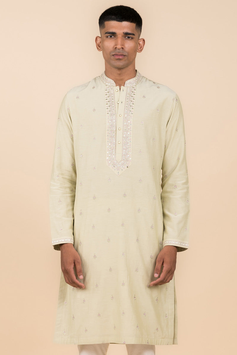 Light Green Embroidered Cotton Silk Kurta Set