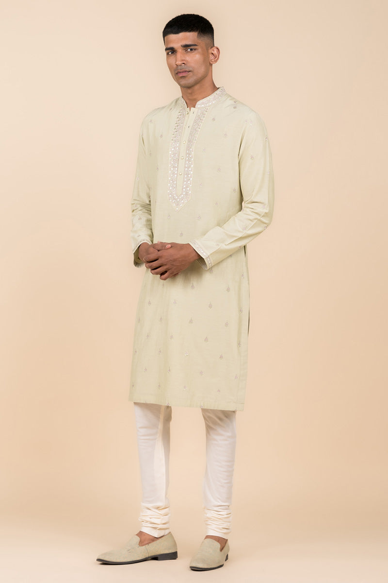 Light Green Embroidered Cotton Silk Kurta Set