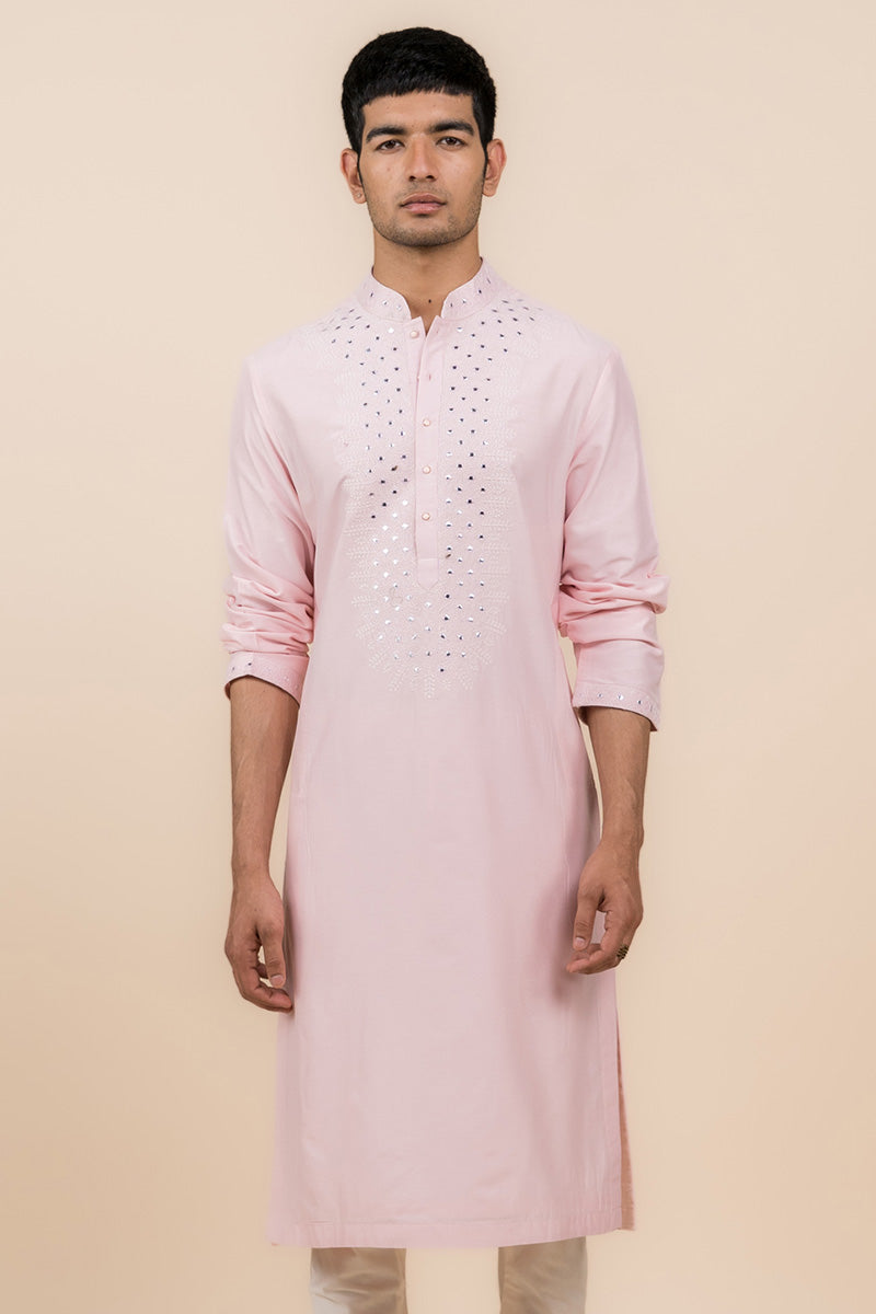 Pink Kurta Set With Embroidered Placket