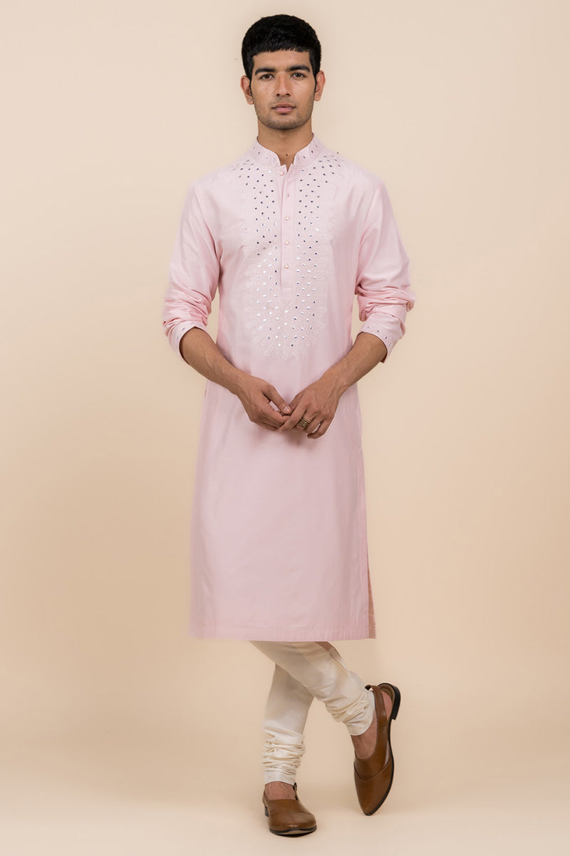 Pink Kurta Set With Embroidered Placket