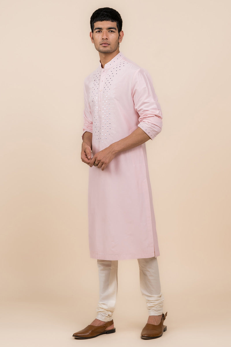 Pink Kurta Set With Embroidered Placket