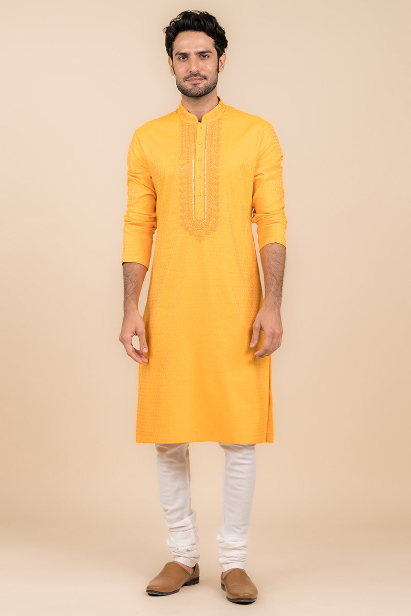 Yellow Ochre Jacquard Embroidered Kurta Set