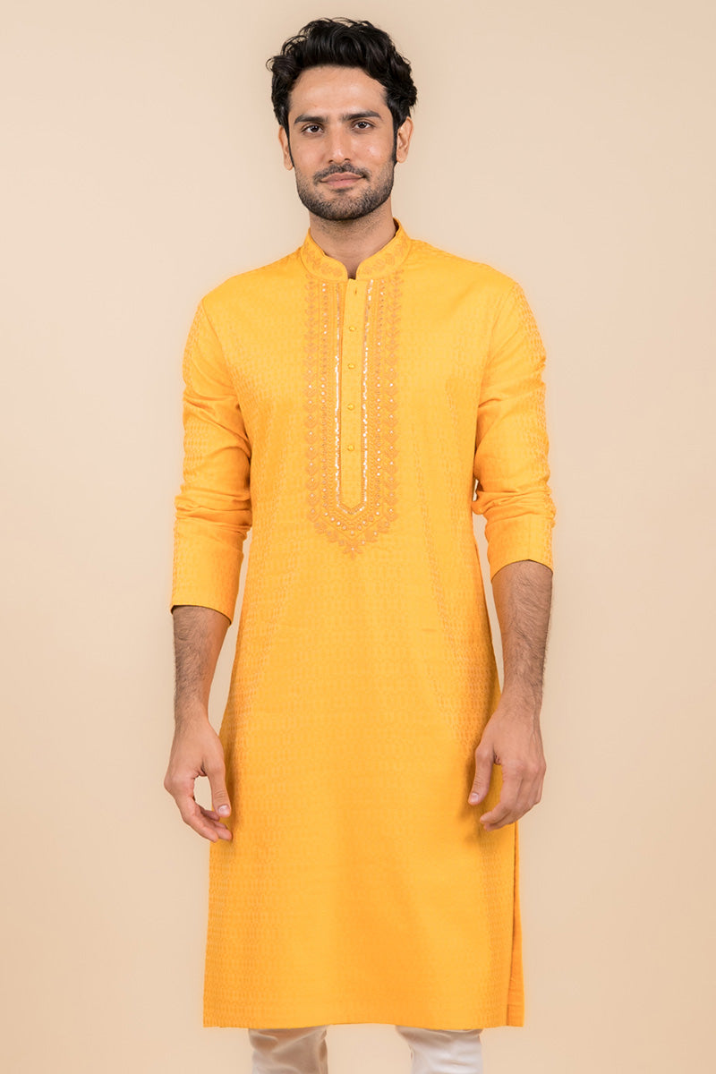 Yellow Ochre Jacquard Embroidered Kurta Set