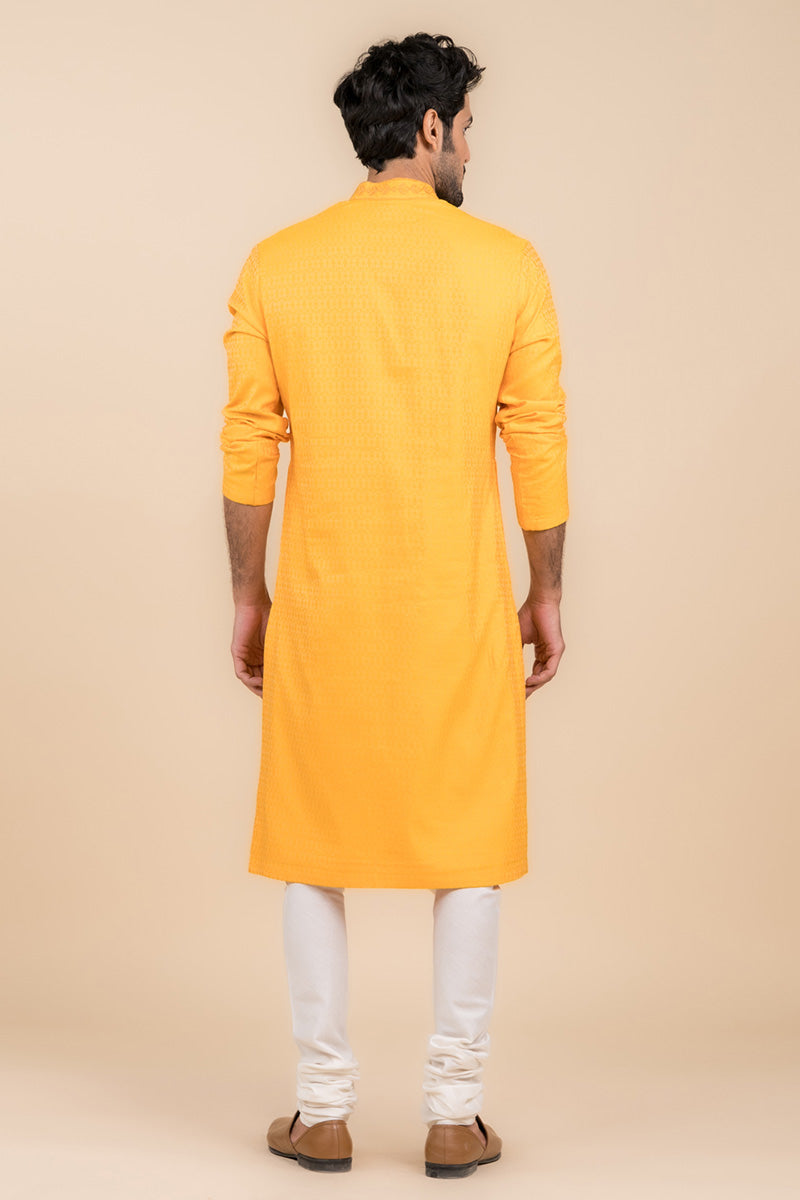 Yellow Ochre Jacquard Embroidered Kurta Set