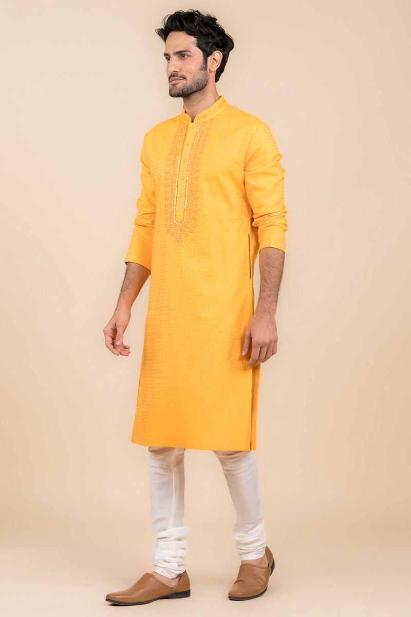 Yellow Ochre Jacquard Embroidered Kurta Set