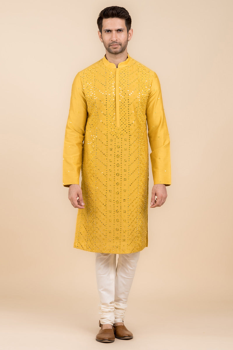 Yellow Ochre All Over Mirror Embroidered Kurta Set