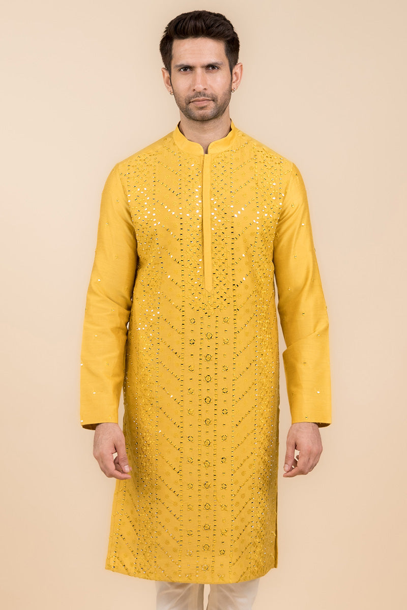 Yellow Ochre All Over Mirror Embroidered Kurta Set