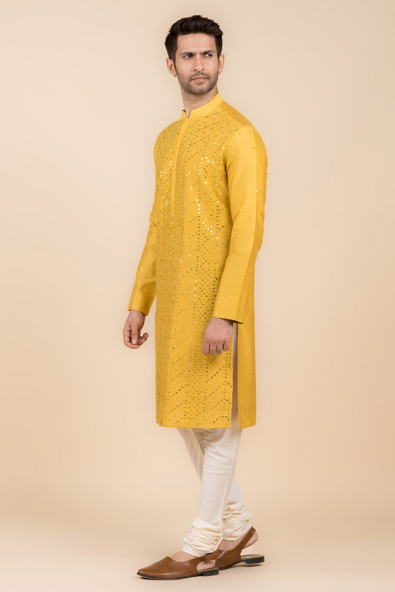 Yellow Ochre All Over Mirror Embroidered Kurta Set