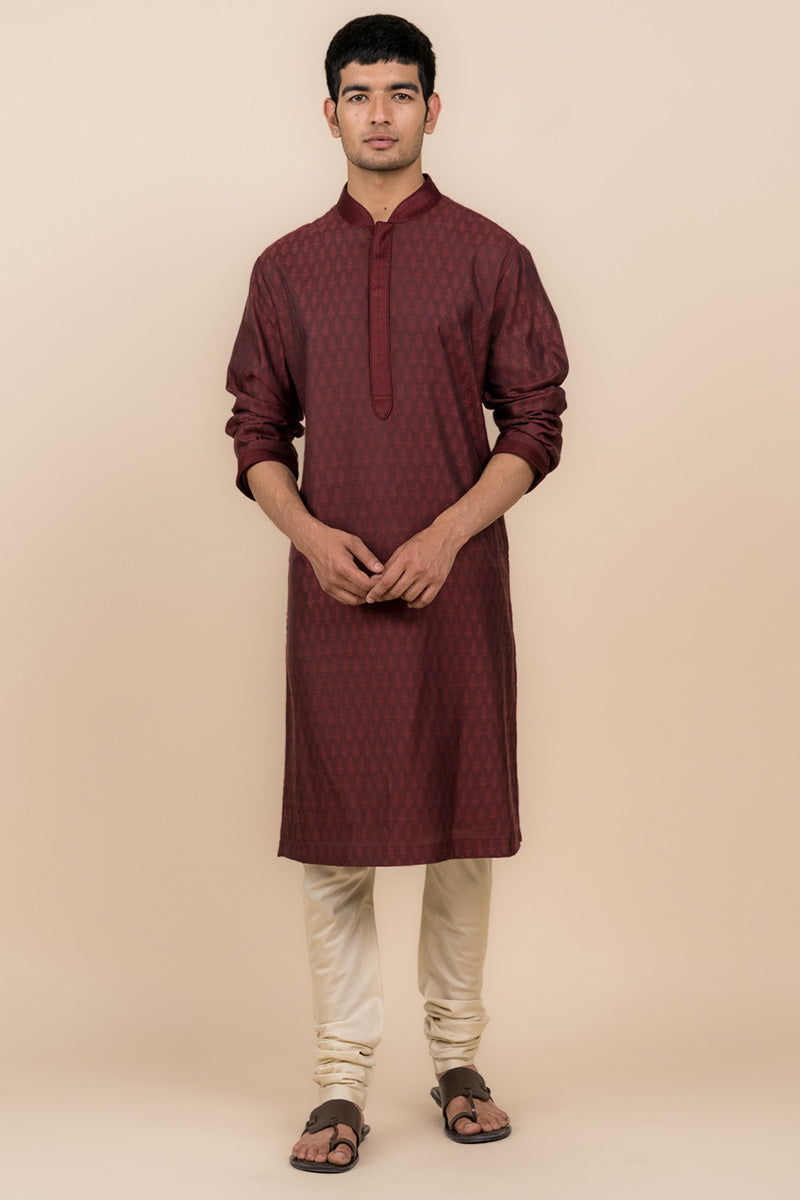 Maroon Jacquard Kurta Set With Top Stitch Detailing