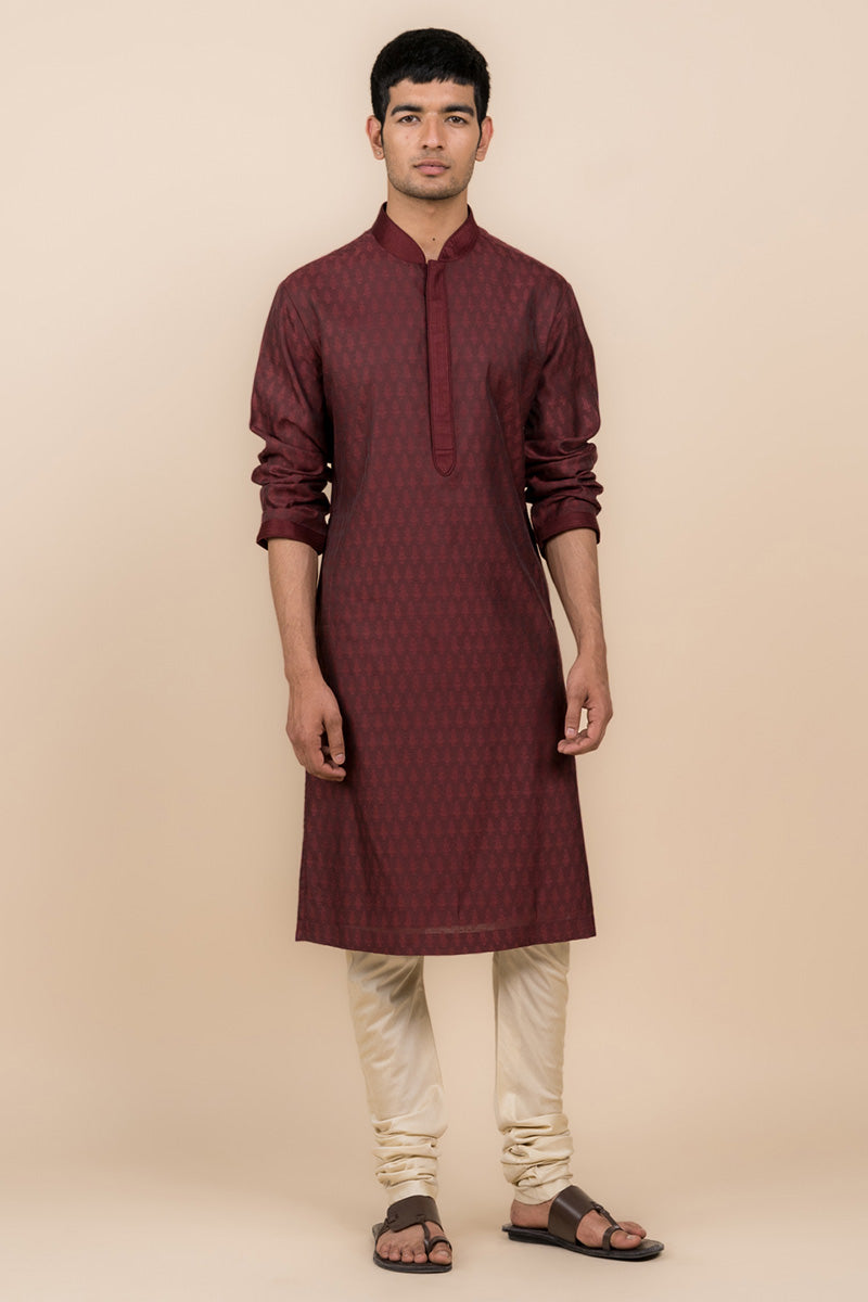 Maroon Jacquard Kurta Set With Top Stitch Detailing