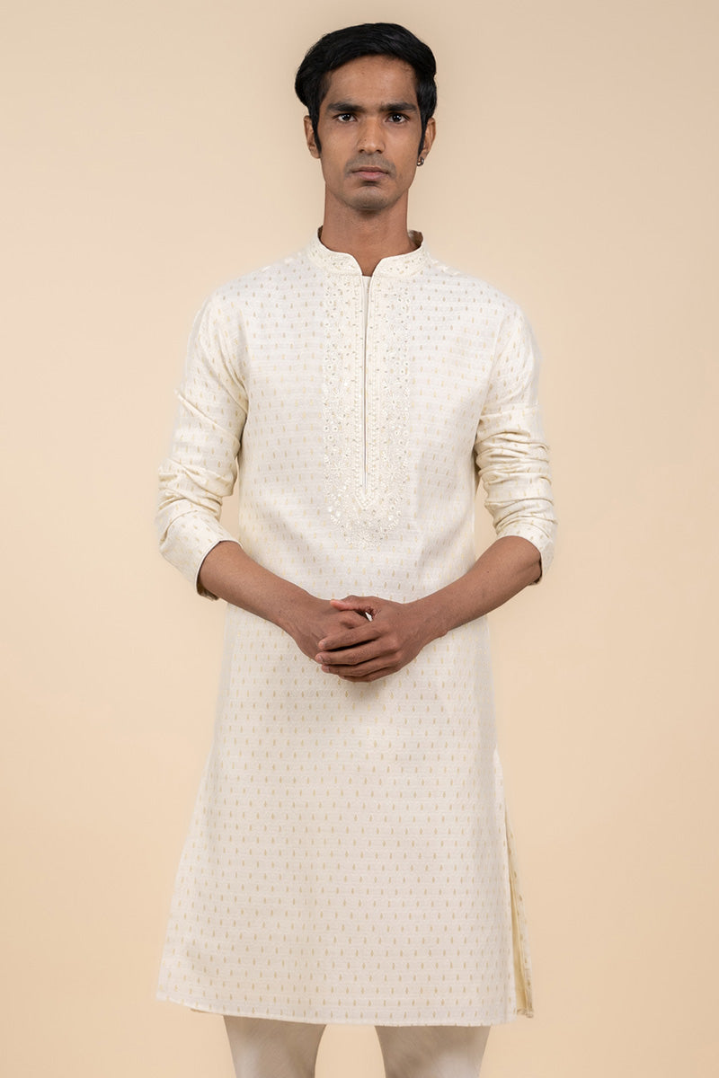 Cream Kurta Set With Embroidered Placket