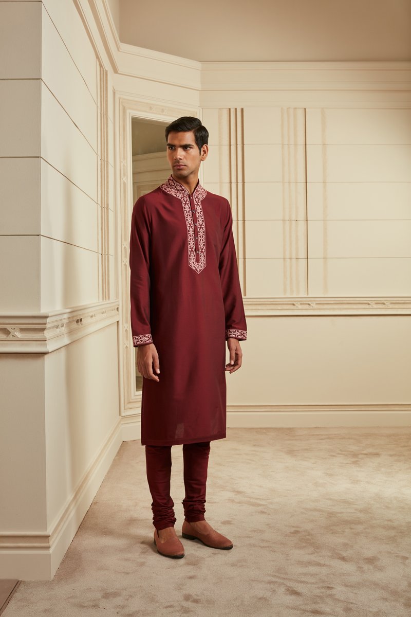 Wine Embroidered Kurta Set