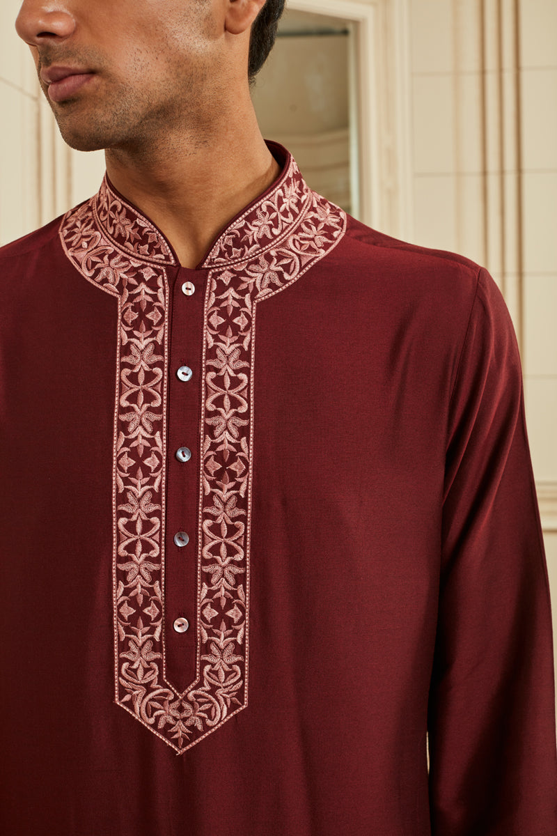 Wine Embroidered Kurta Set