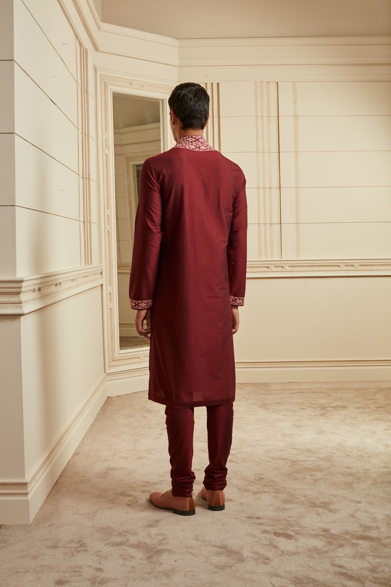 Wine Embroidered Kurta Set