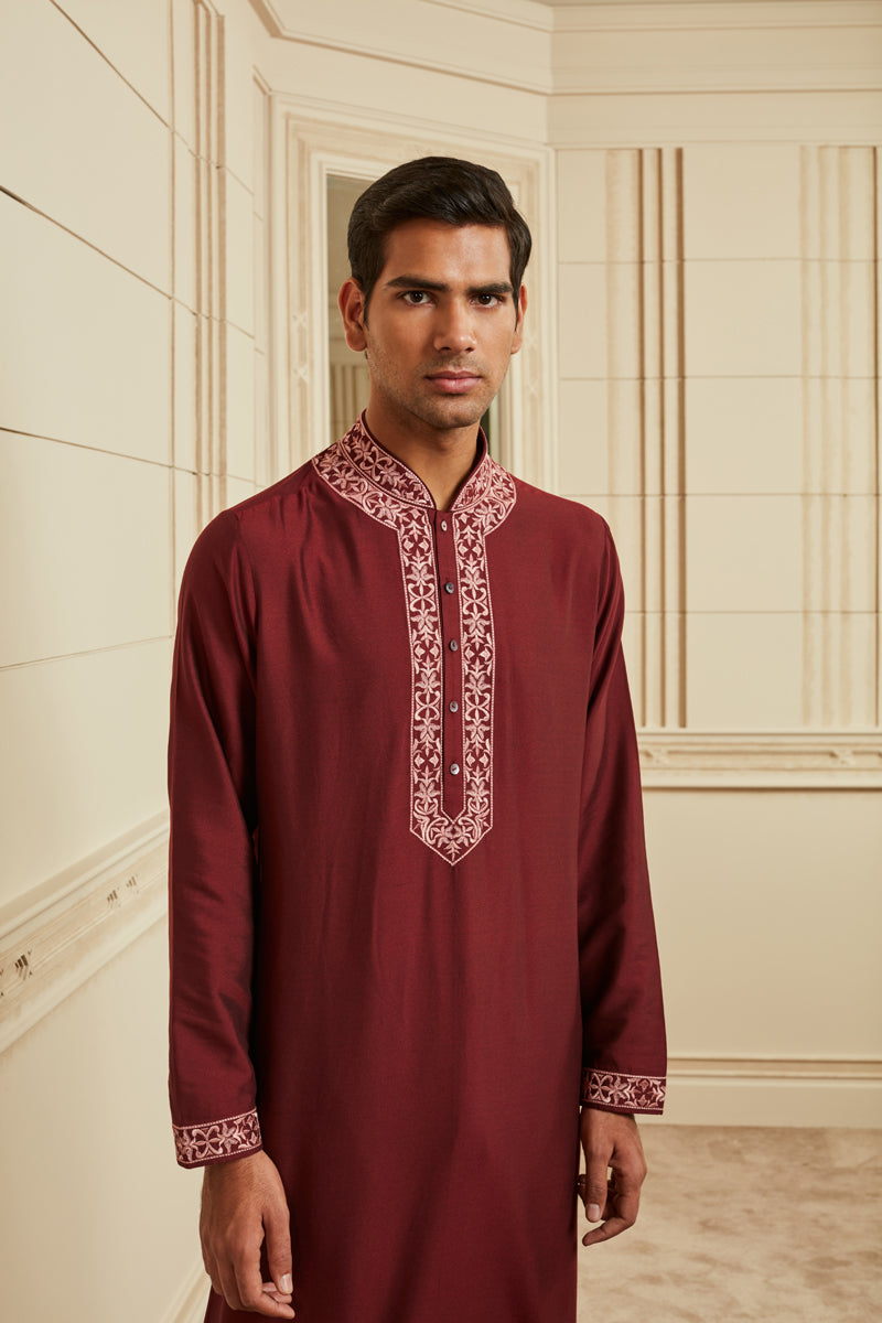 Wine Embroidered Kurta Set