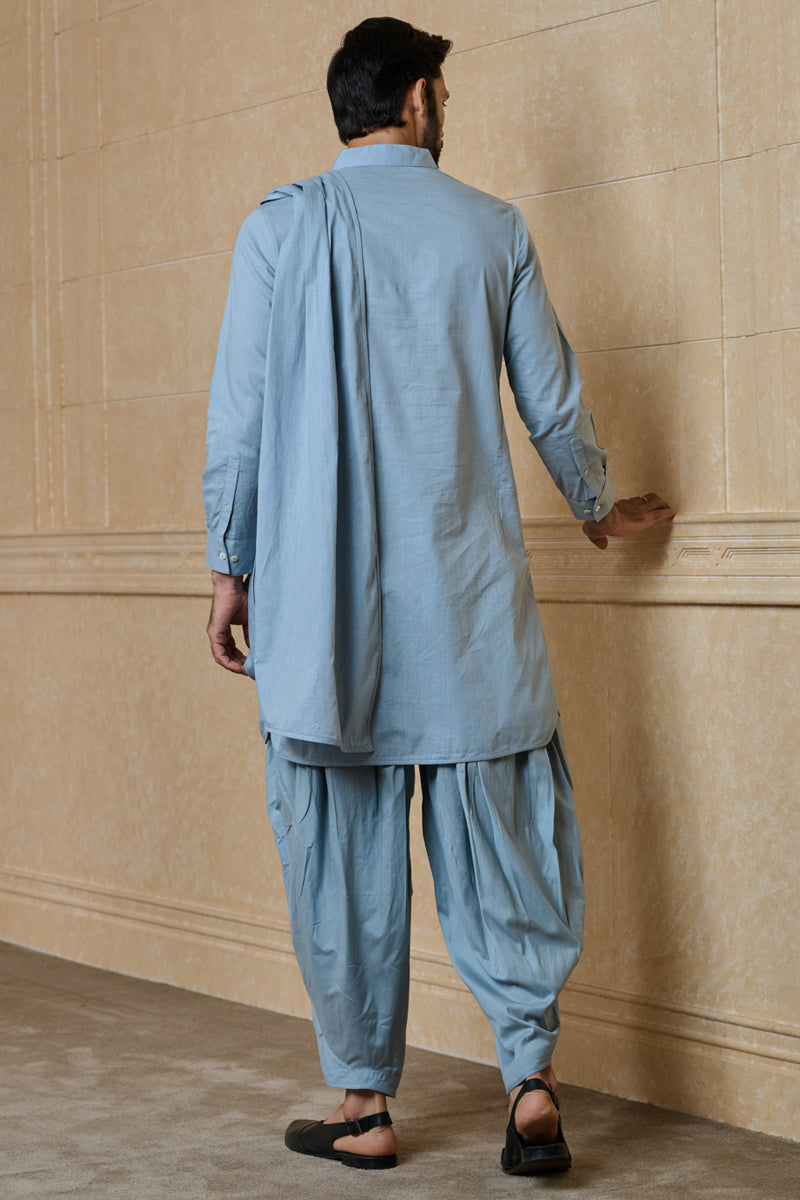 Medium Blue Drape Pattern Kurta Set