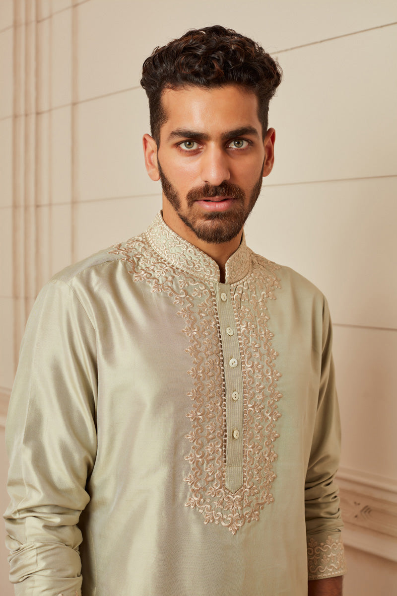 Light Green Spun Silk Kurta Set With Thread Embroidered Placket