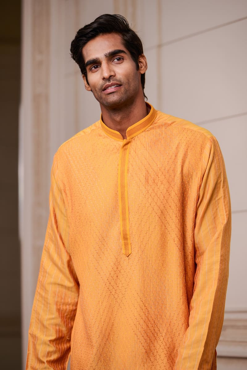 Orange All Over Textured Kurta Set