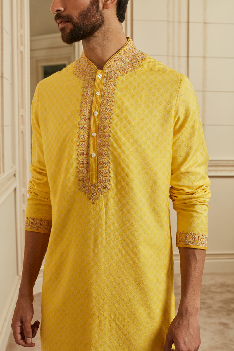 Yellow Textured Jacquard Kurta Set