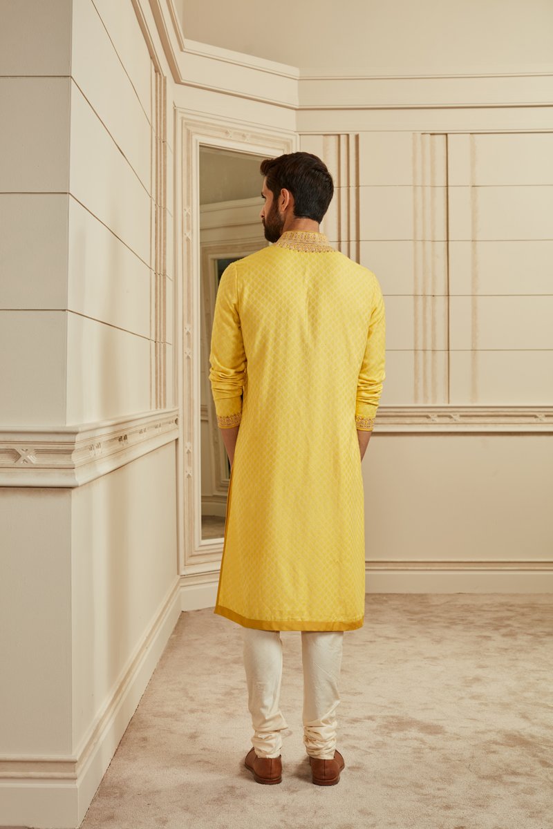 Yellow Textured Jacquard Kurta Set