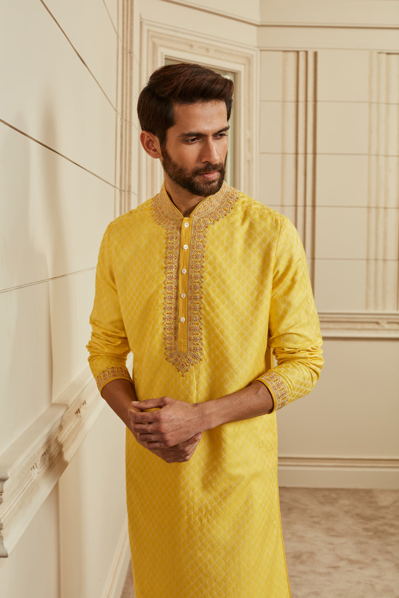 Yellow Textured Jacquard Kurta Set