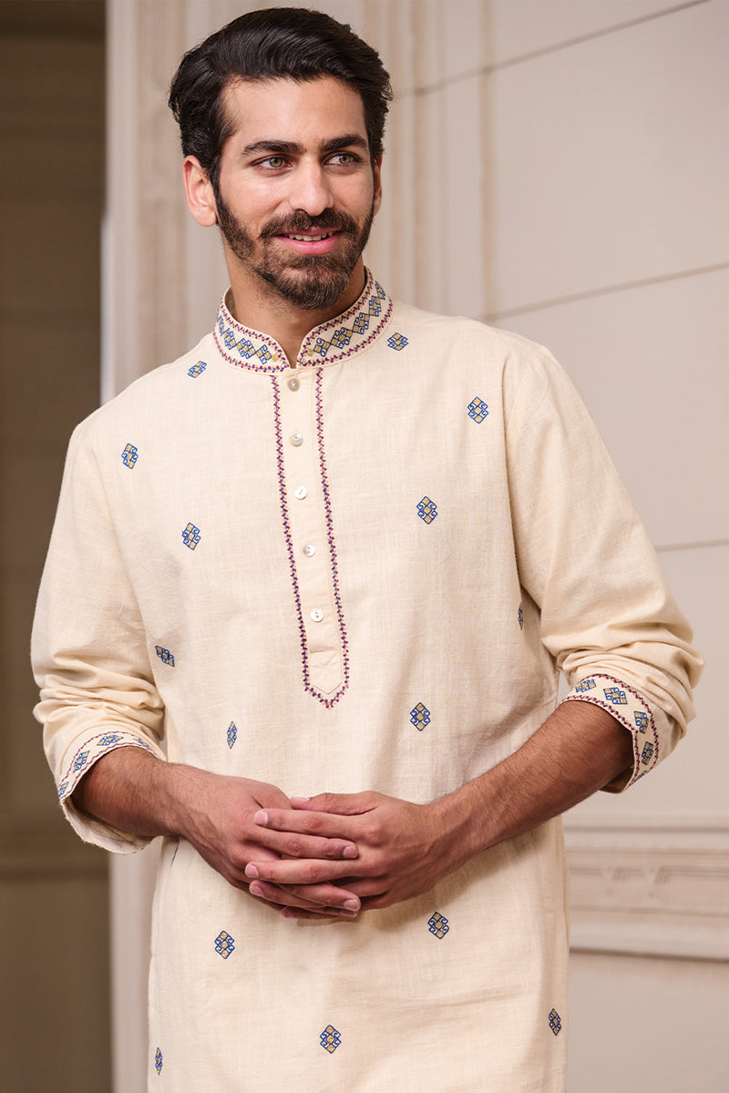 Beige Kurta Set with Placement Embroidery