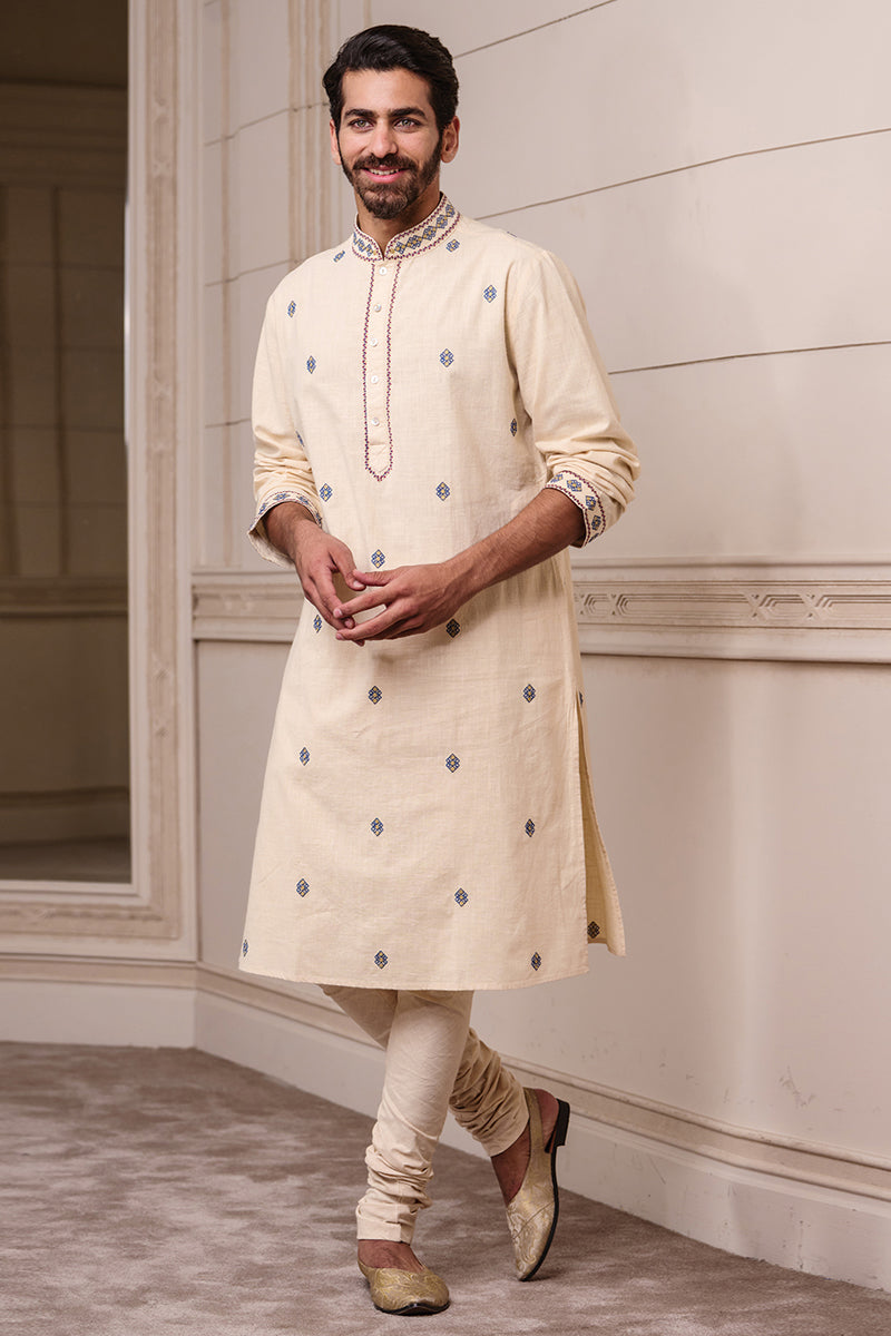 Beige Kurta Set with Placement Embroidery