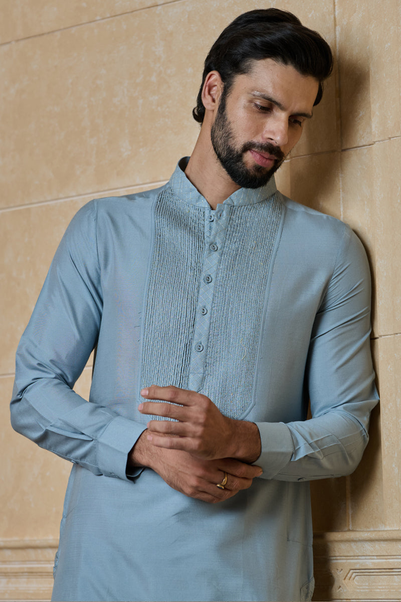 Light Blue Kurta Set With Textured Yoke