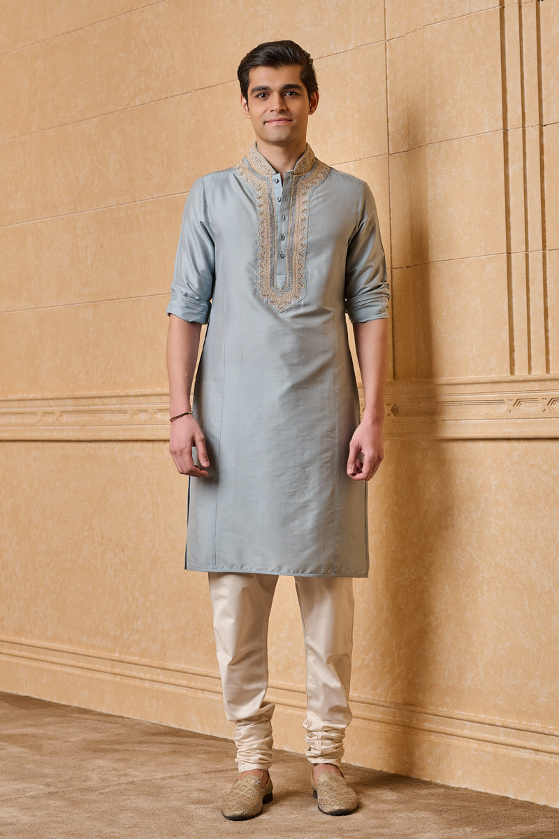 Light Blue Kurta Set with Aari Embroidery on Collar & Placket